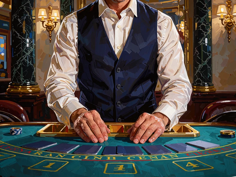 Dealer i navybl&aring; vest og hvid skjorte bag et buet blackjackbord med kort med bagsiden opad foran marmors&oslash;jler - live casino hos Mino