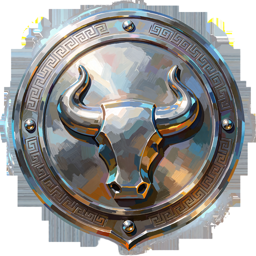 Rundt s&oslash;lvskjold med tyrehorn i midten - badge for rangen Guardian i loyalitetsprogrammet