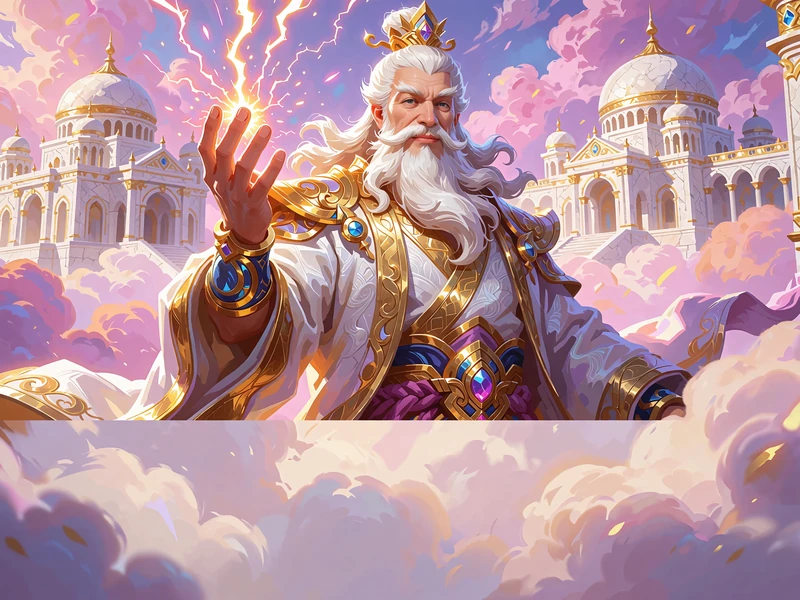 Tordengud med hvidt sk&aelig;g og guldkrone foran et marmorpalads i skyerne - billede til slotten Gates of Olympus