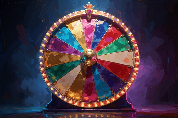 Stort oplyst pr&aelig;miehjul med guld-, magenta- og cyanfelter i et d&aelig;mpet studie - game shows i live casino