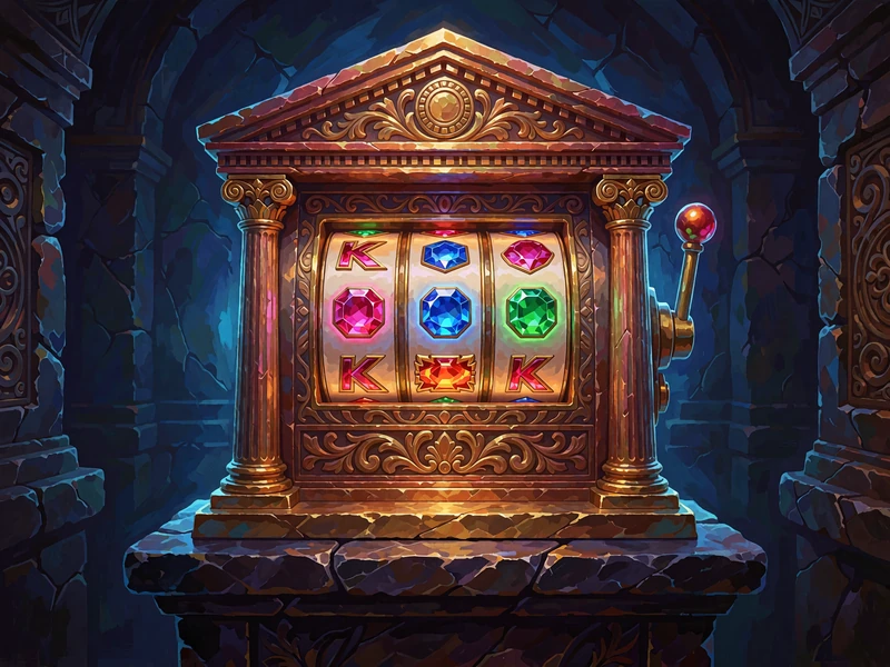 Bronze- og guldfarvet spilleautomat formet som et lille gr&aelig;sk tempel med tre hjul med rubin, safir og smaragd - spilleautomater hos Mino Casino